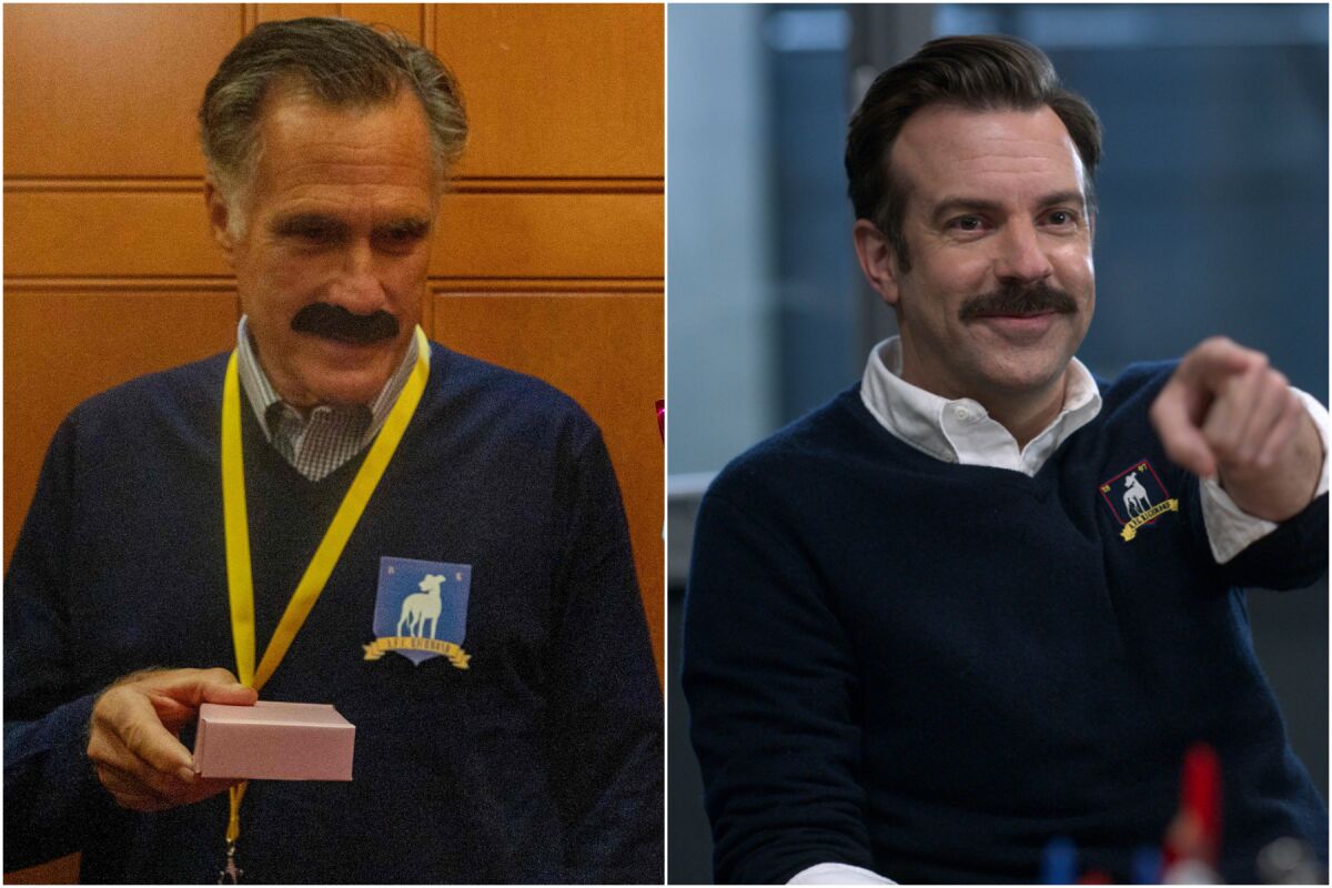 A split image of a man wearing a blue jacket and a mustache and another man wearing the same outfit and a mustache