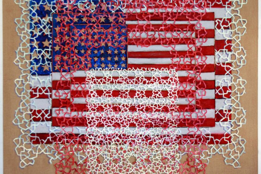 “Baghdadi Bride,” pictured, shows American flags borrowed from conceptual American painter Jasper Johns’ “Three Flags.”