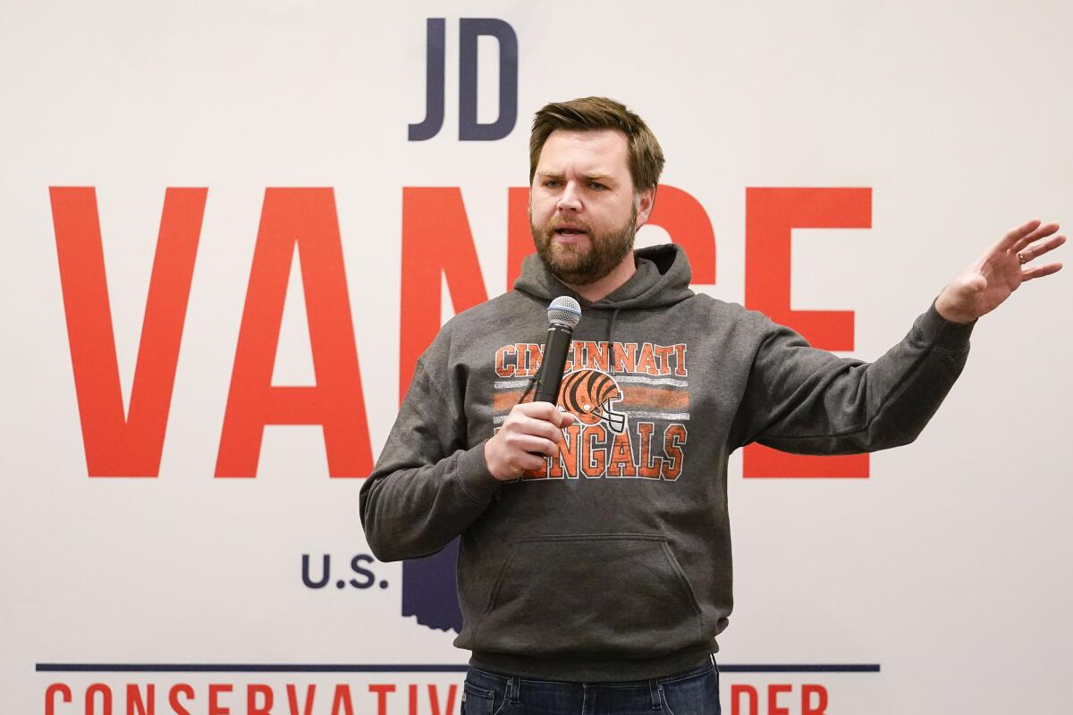 Ohio Republican Senate candidate J.D. Vance speaks at a rally in Mason, Ohio, on Jan. 30.