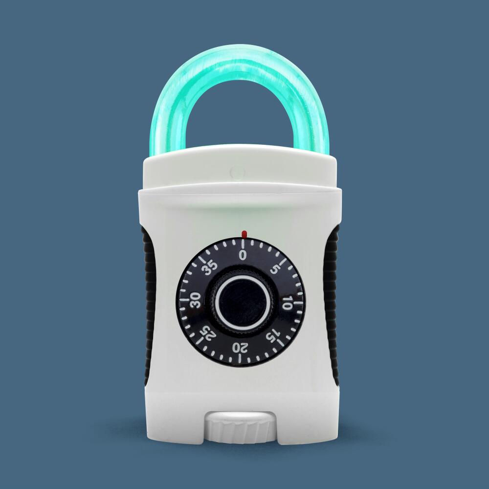 Photo illustration of a deodorant stick with a combination lock on it.
