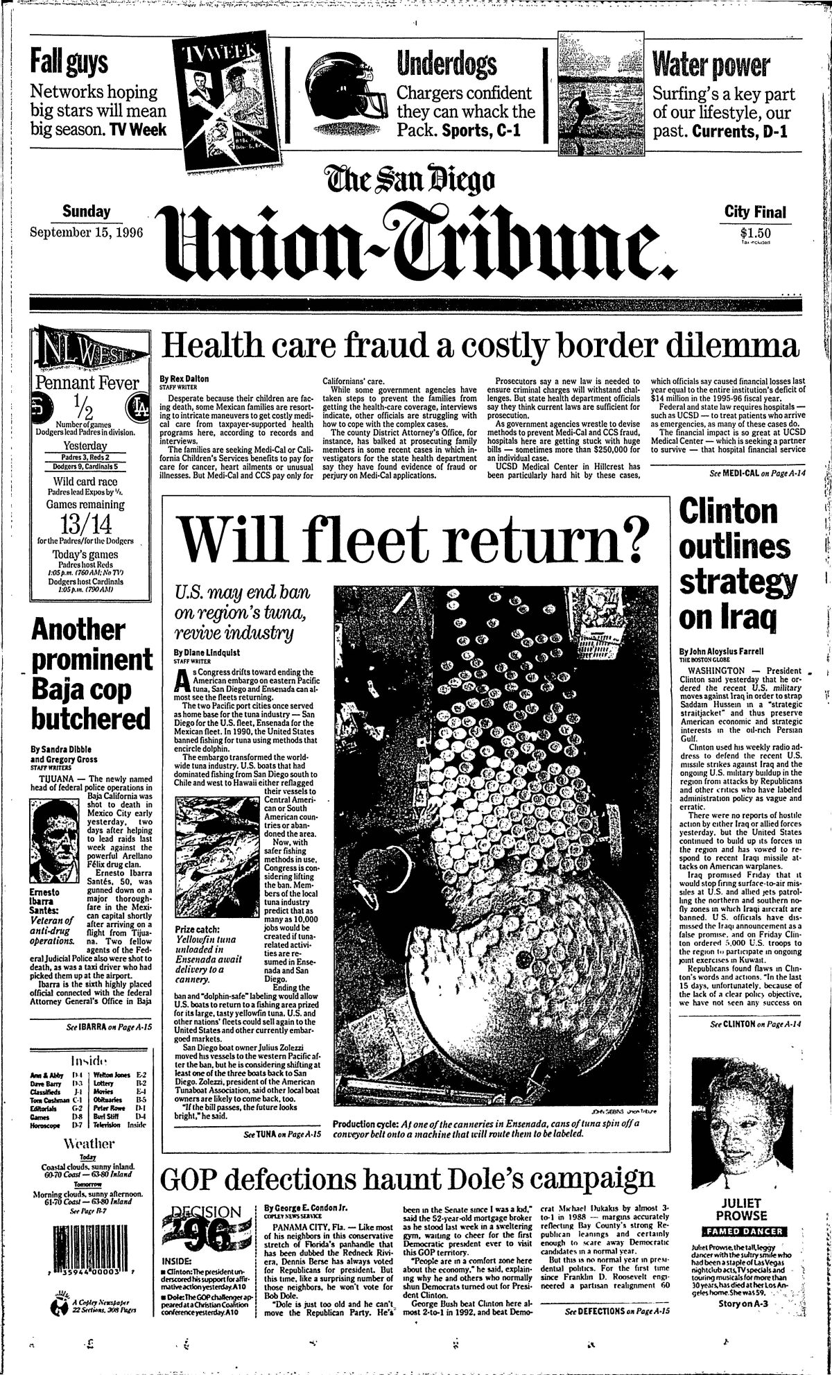 Front page of The San Diego Union-Tribune, Sunday, Sept. 15, 1996.
