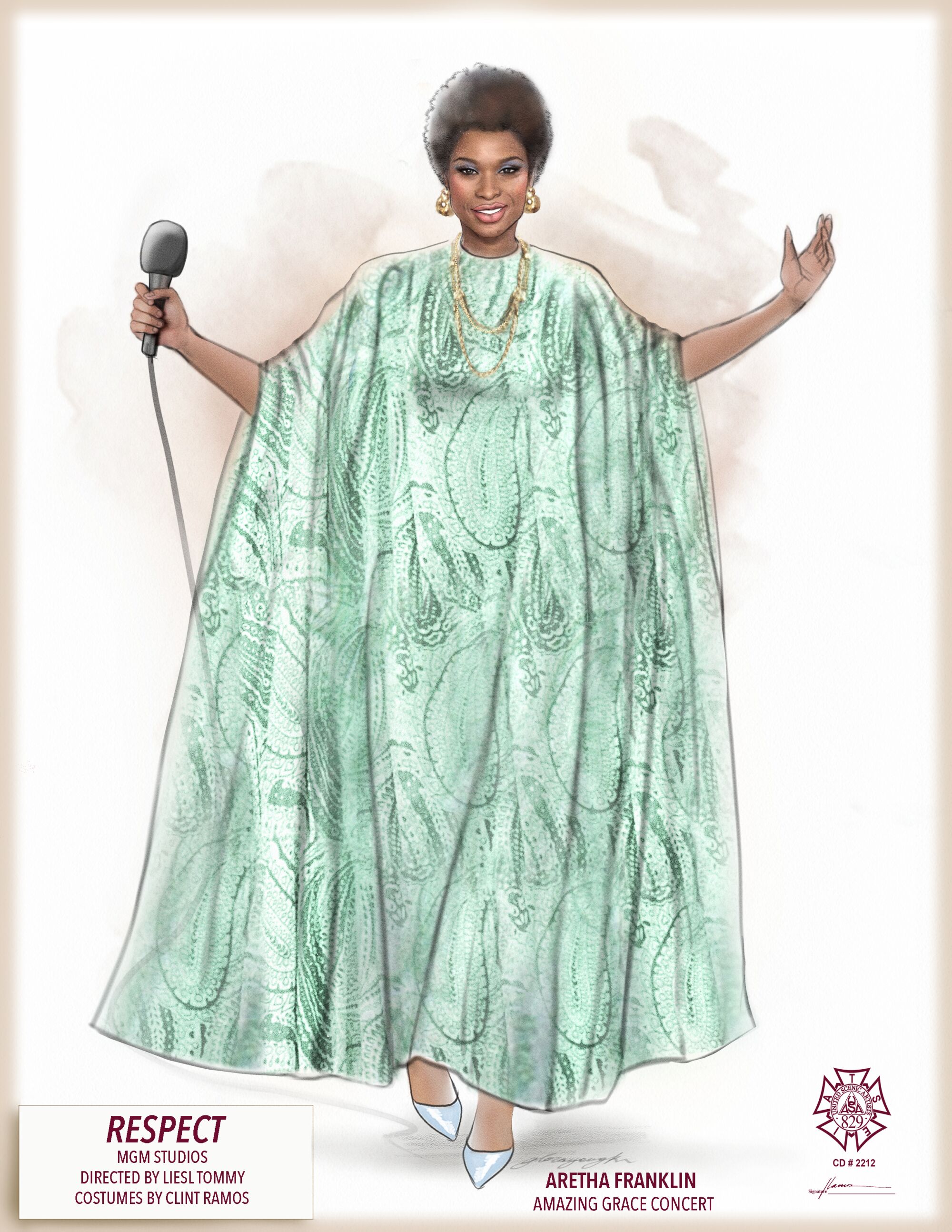 A sketch of Jennifer Hudson in a flowing aqua gown for the "Amazing Grace" concert.