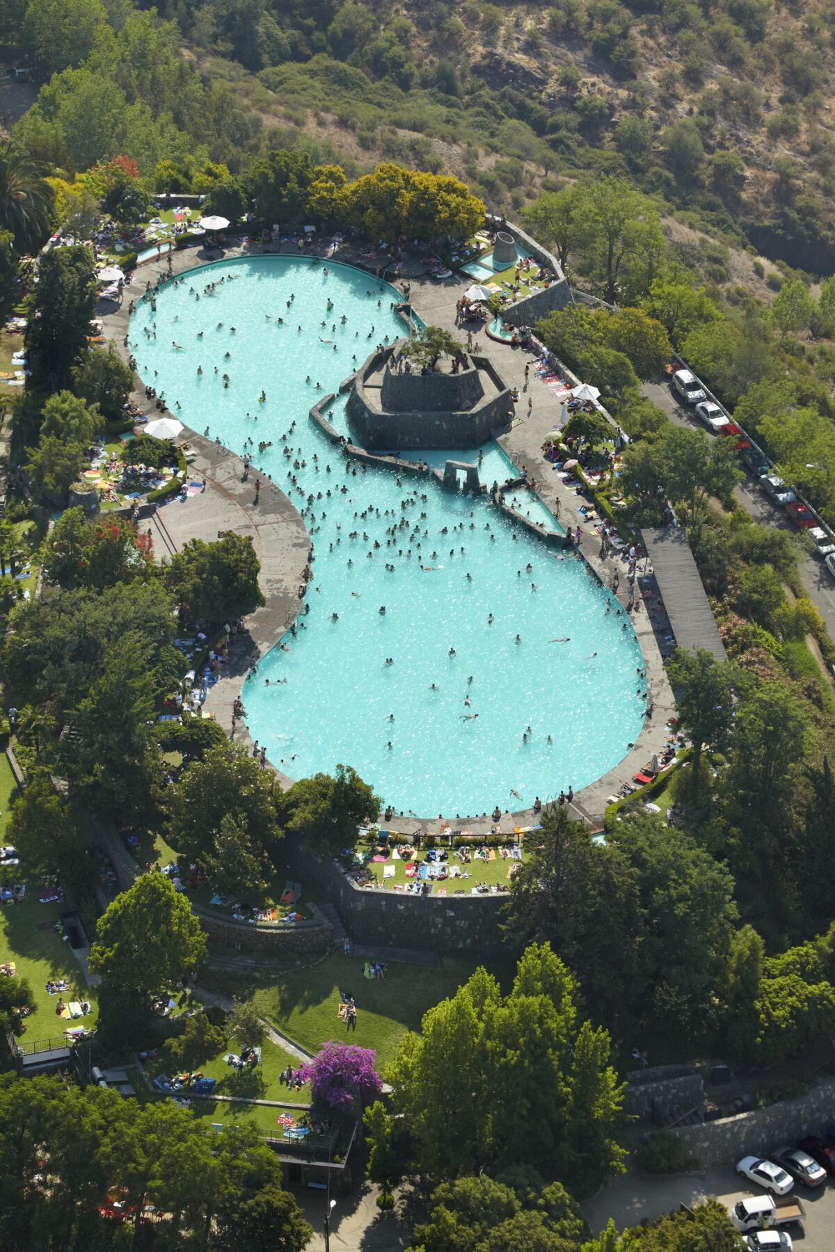 Aerial of Piscina Antilen (Antilen Swimming Pool), Parque Metropolitano, on top of Cerro San Cristobal.