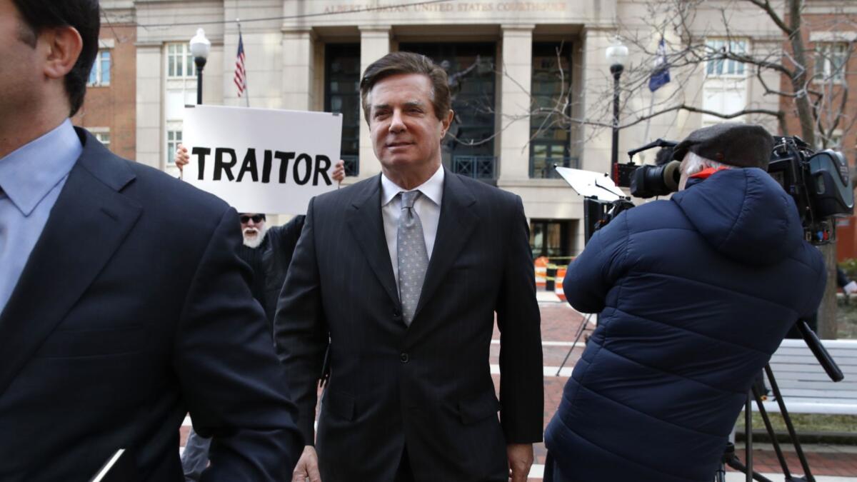 Former Trump campaign chairman Paul Manafort leaves the Alexandria Federal Courthouse after an arraignment hearing in March.