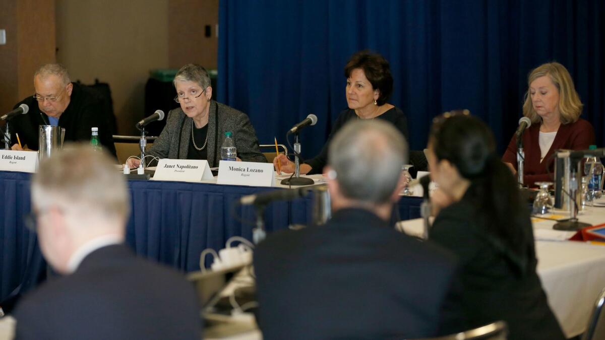 University of California regents, shown meeting in Los Angeles on Feb. 23, convene in San Francisco this week to discuss limiting students from other states and countries, the student housing crunch and the rising cost of attendance.