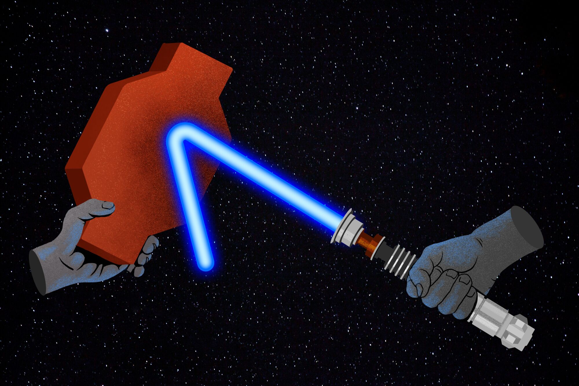 Illustration of two hands holding a Funereal brick and lightsaber, the lightsaber is bent by the brick.