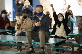 L.A.'s remarkable achievement: Rapid economic reopening as
COVID-19 fades fast 2 LOS ANGELES, CA - APRIL 12: Los Angeles Unified School District Superintendent Austin Beutner cheering the school mascot with teachers and staff making a short video clip for returning students as he tours Westminster Avenue Elementary School and several other LAUSD campuses Monday morning before the first LAUSD students return to school through this week. The tour included meeting with school staff and looking at preparation and safety measures as the superintendent toured several schools. Venice on Monday, April 12, 2021 in Los Angeles, CA. (Al Seib / Los Angeles Times).