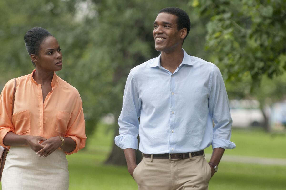 Tika Sumpter as Michelle Robinson and Parker Sawyers as Barack Obama in 'Southside With You.' (Pat Scola / Sundance Institute via AP)