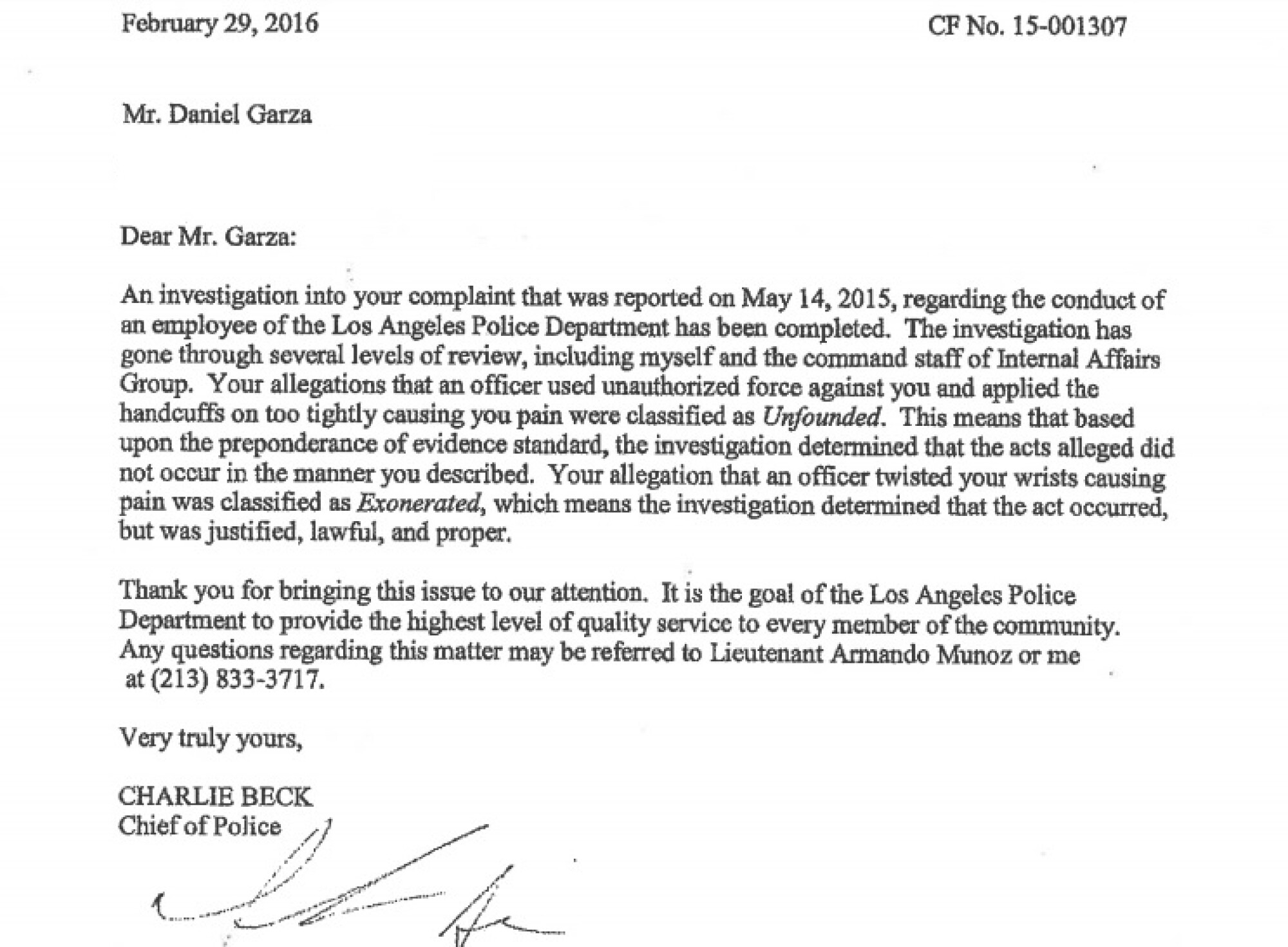 A letter from LAPD to Daniel Garza says his complaint about the wrist hold was classified as "Exonerated."