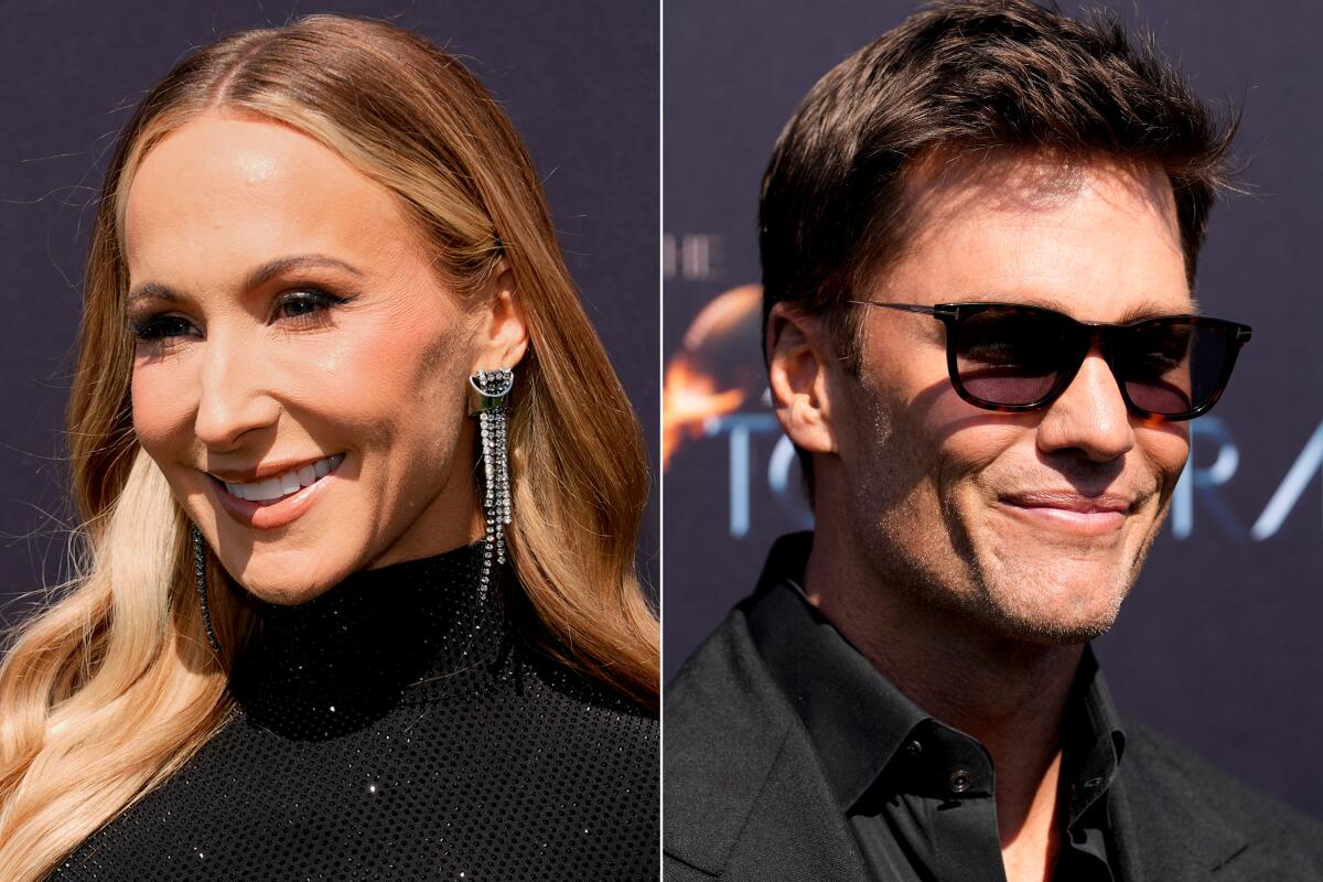 Separate pictures of Nikki Glaser in a black dress and Tom Brady in a black suit, shirt and sunglasses