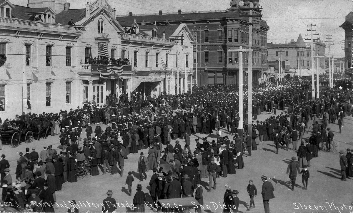A Washington's Birthday parade passes Horton House in 1897. Horton built the hotel in 1870 and it was demolished in 1905 to make way for the U.S. Grant Hotel. - UT file photo