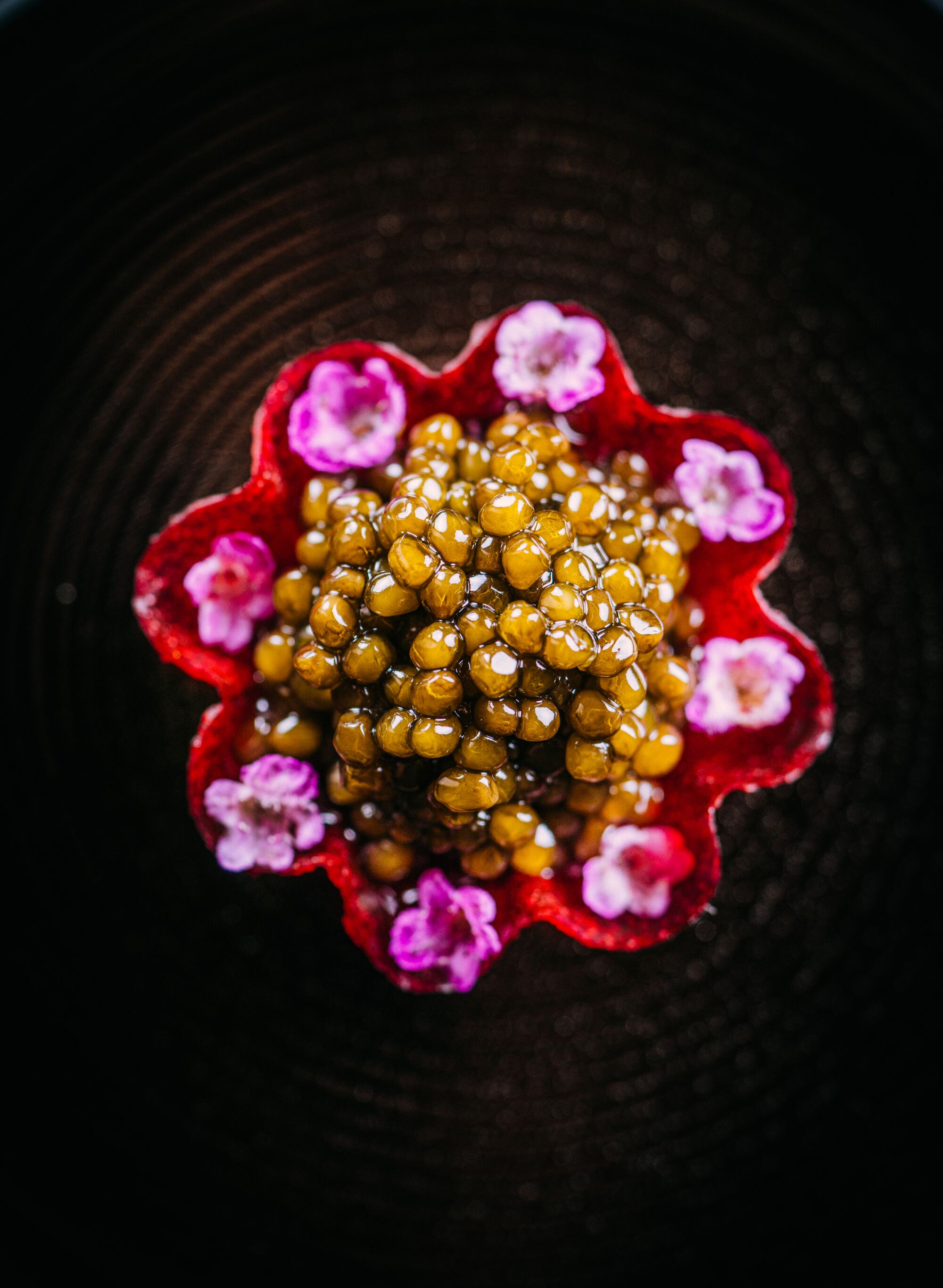 Eric Wolfinger's finished shot of a caviar and beet tart at Addison restaurant in San Diego.