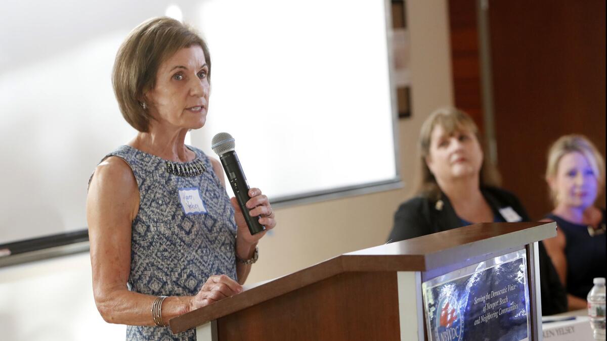 Karen Yelsey, trustee area 4 candidate, speaks during a Newport-Mesa Unified School District board candidates forum, presented by the Newport Beach Women's Democratic Club at the OASIS Senior Center in Corona del Mar on Sept. 18.