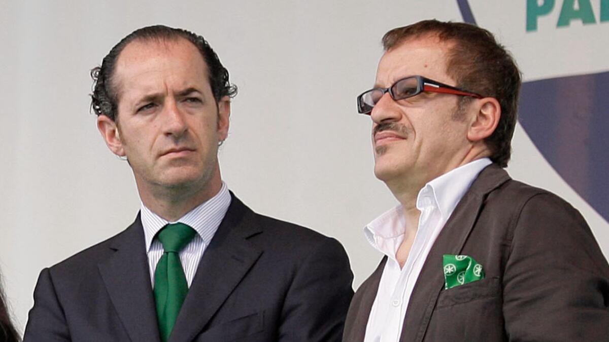 Roberto Maroni, left, and Luca Zaia, the presidents of Lombardy and Veneto, at the 2008 annual meeting of the Lega Nord, Northern League party, in Pontida, Italy.