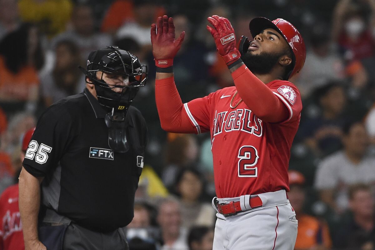 Los Angeles Angels' Luis Rengifo celebrates his two-run home run during the third inning of a baseball game against the Houston Astros, Saturday, Sept. 11, 2021, in Houston. (AP Photo/Eric Christian Smith)