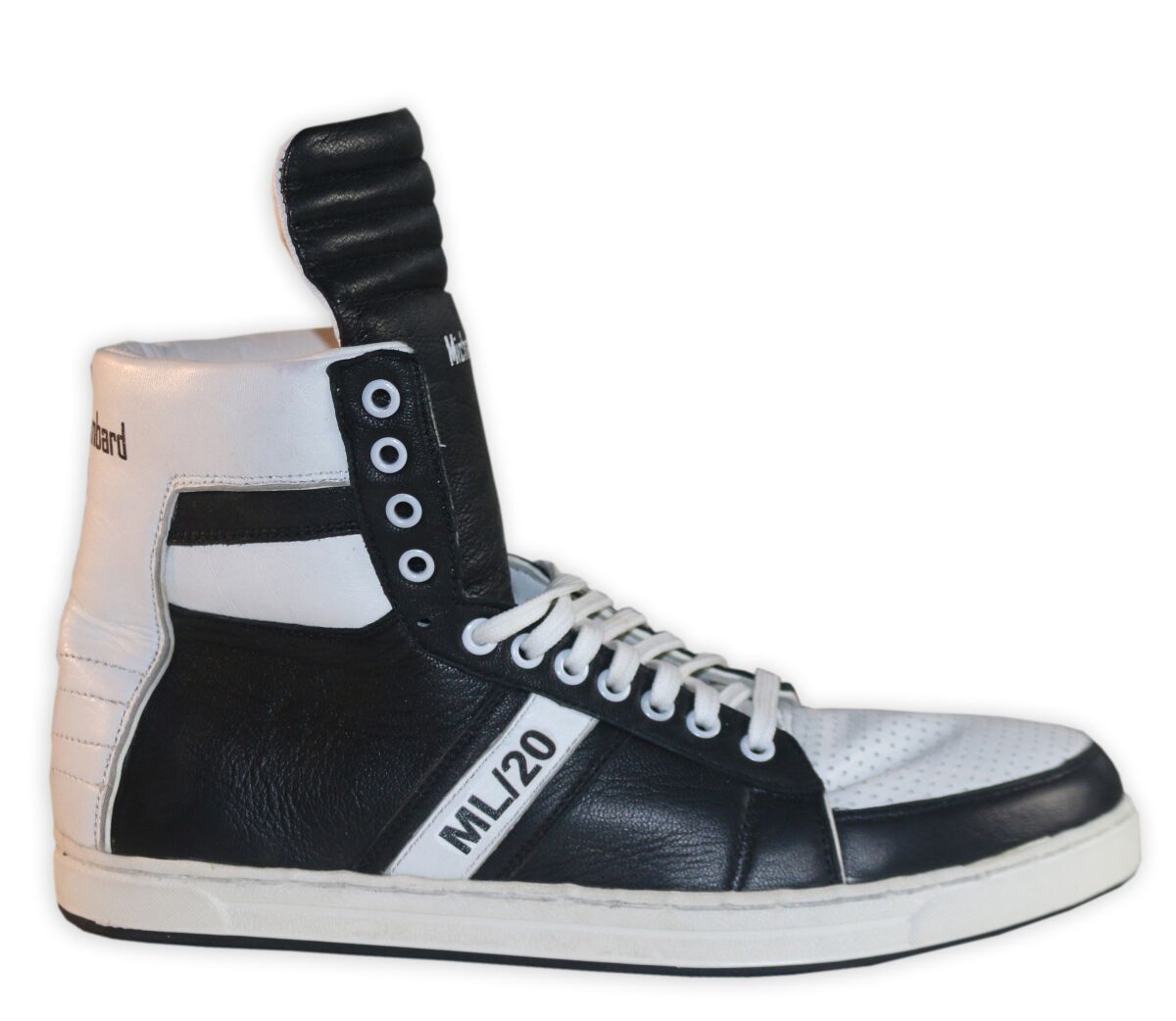 Michael Lombard's black and white ML/20 high-top leather sneakers.