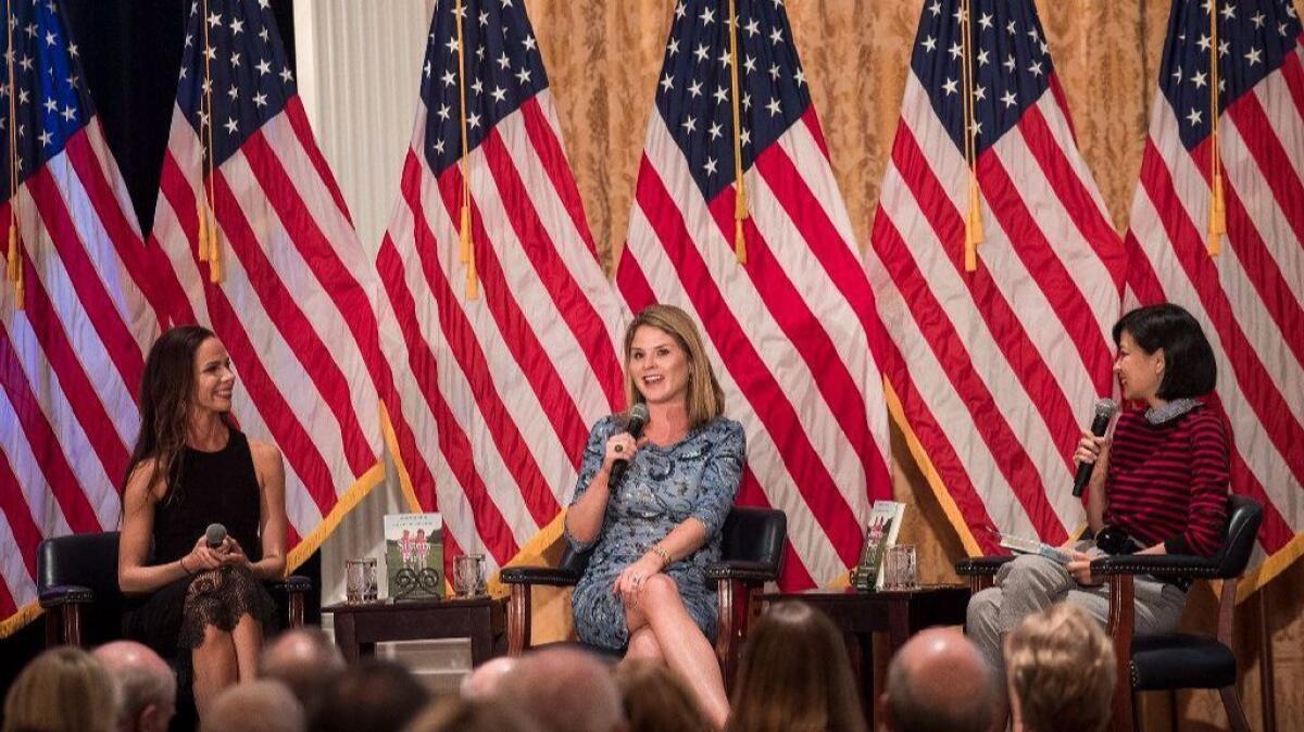 Barbara Pierce Bush, left, and Jenna Bush Hager speak with moderator SuChin Pak, right, during an event at the Nixon Library to promote their new book "Sisters First: Stories From our Wild and Wonderful Life," on Nov. 7.
