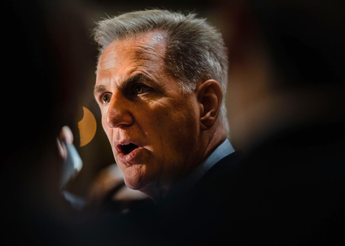 Speaker of the House Kevin McCarthy talks to reporters 
