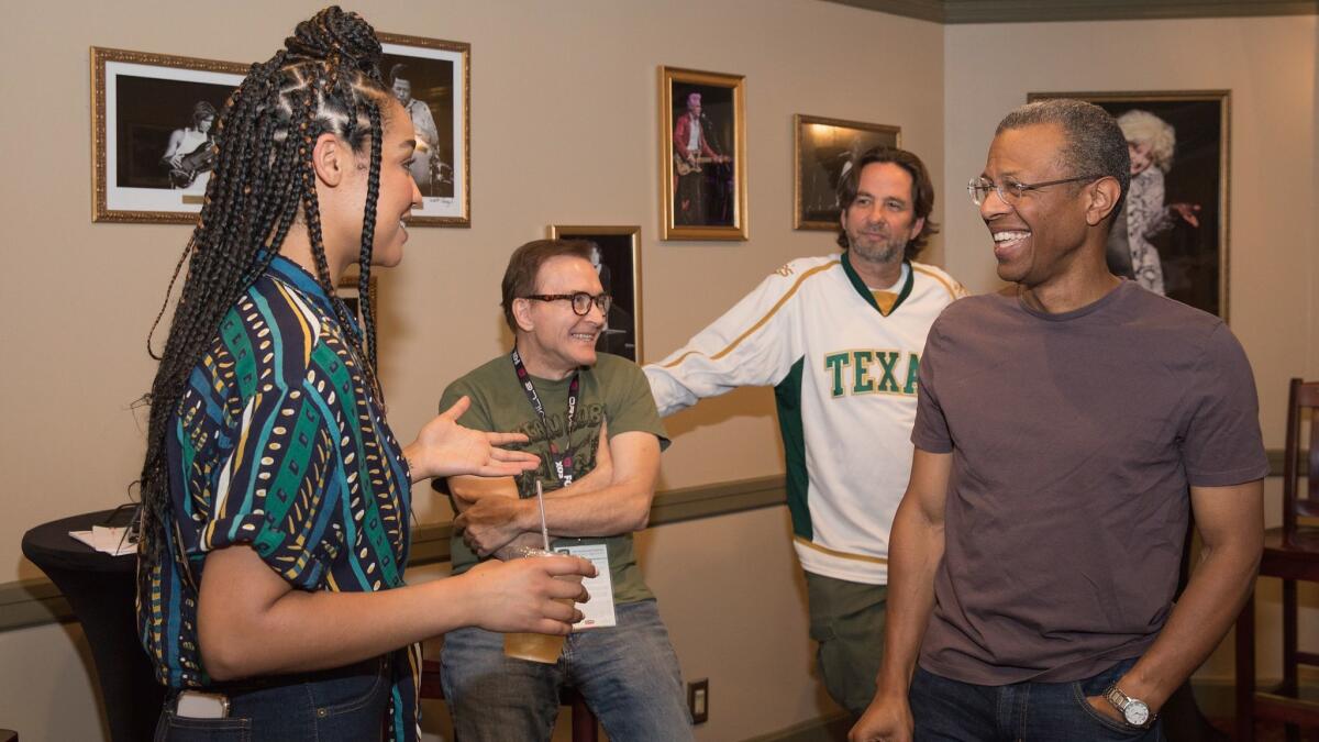 Aisha Dee, left, Billy West, Dave Herman, and Phil LaMarr attend the "Futurama" table-read reunion presented by Hulu during the ATX Television Festival at the Paramount Theatre in Austin.