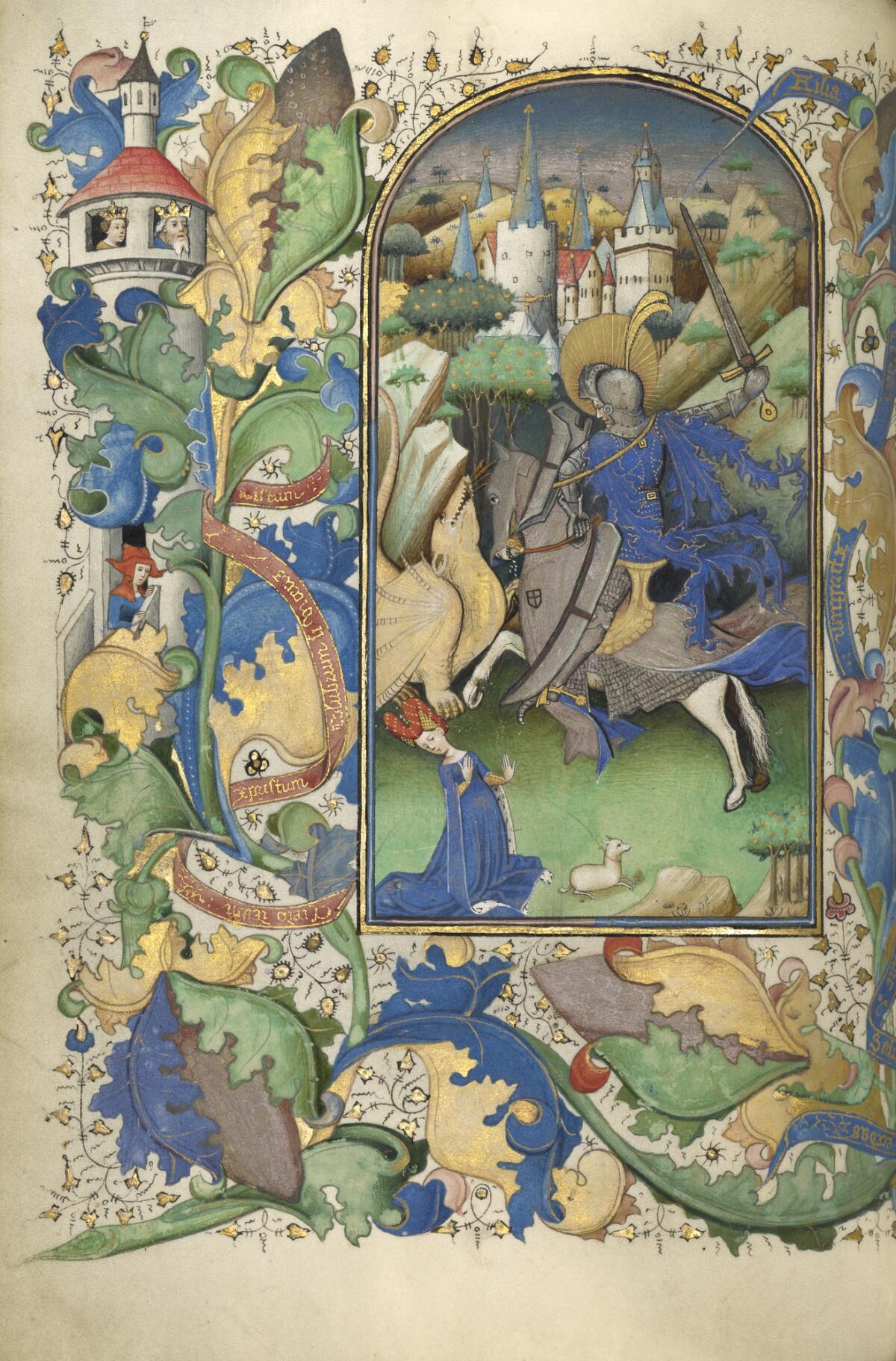 A colorful illustration of a knight on horseback battling a winged dragon.