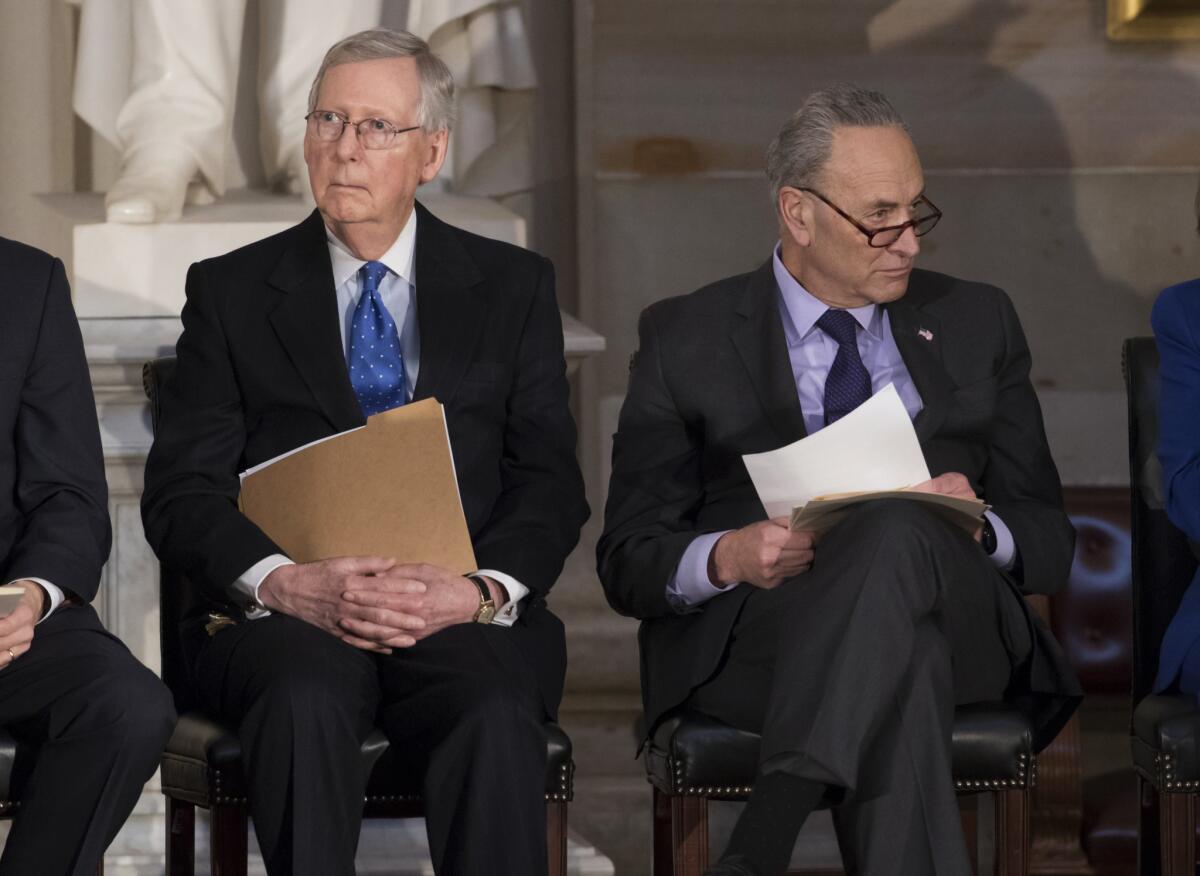 Senate Majority Leader Mitch McConnell (R-Ky.), left, and Senate Minority Leader Charles E. Schumer (D-N.Y.) in 2018.