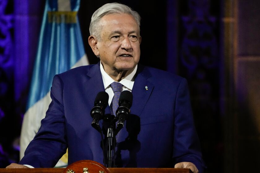 Mexico's President Andres Manuel Lopez Obrador speaks during a joint statement with Guatemalan President Alejandro Giammattei 