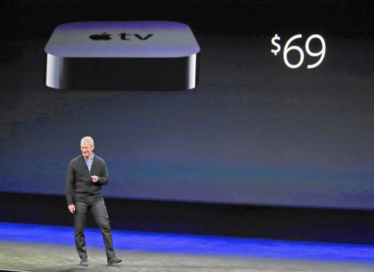 Apple CEO Tim Cook announces that the cost of the Apple TV device will drop to $69 from $99 during the tech giant’s event in San Francisco last week. Some customers may use the device to replace their cable box.