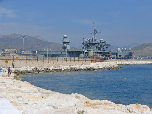 The Mount Whitney, flagship of the U.S. Navy's 6th Fleet, in port at Gaeta, just south of Sperlonga.