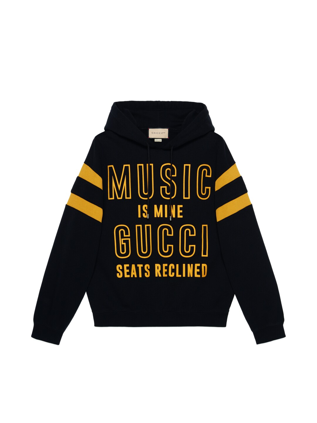 Sweat Gucci avec "La musique est à moi, les sièges Gucci sont inclinés" sur le dos
