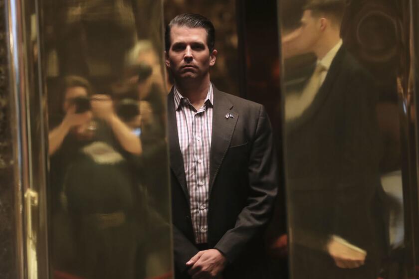 NEW YORK, NY - JANUARY 18: Donald Trump Jr. arrives at Trump Tower on January 18, 2017 in New York City. President-elect Donald Trump is to be sworn in as the 45th President of the United States on January 20. (Photo by John Moore/Getty Images) ** OUTS - ELSENT, FPG, CM - OUTS * NM, PH, VA if sourced by CT, LA or MoD **