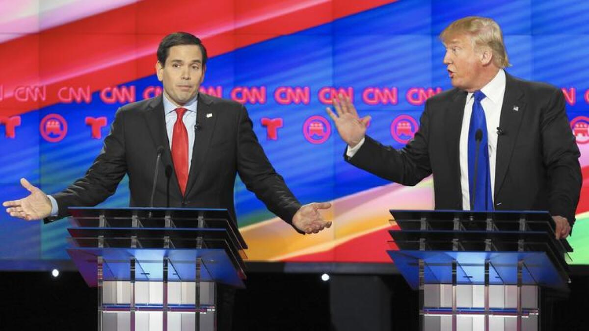 Marco Rubio and Donald Trump argue during a recent debate.