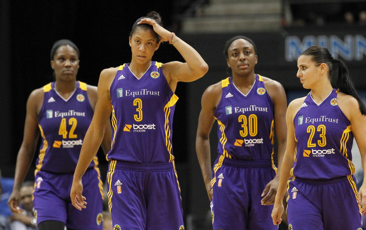 Sparks forward Candace Parker (3) and teammates Jantel Lavender (42), Nneka Ogwumike (30) and Ana Dabovic (23) head up the court during the final minute of Game 1 of the WNBA Western Conference semifinals against the Minnesota Lynx on Friday.