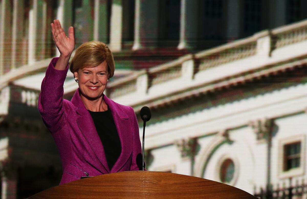 Rep. Tammy Baldwin of Wisconsin, who is trailing in her Senate race, acknowledges the crowd at the Democratic National Convention in Charlotte, N.C.
