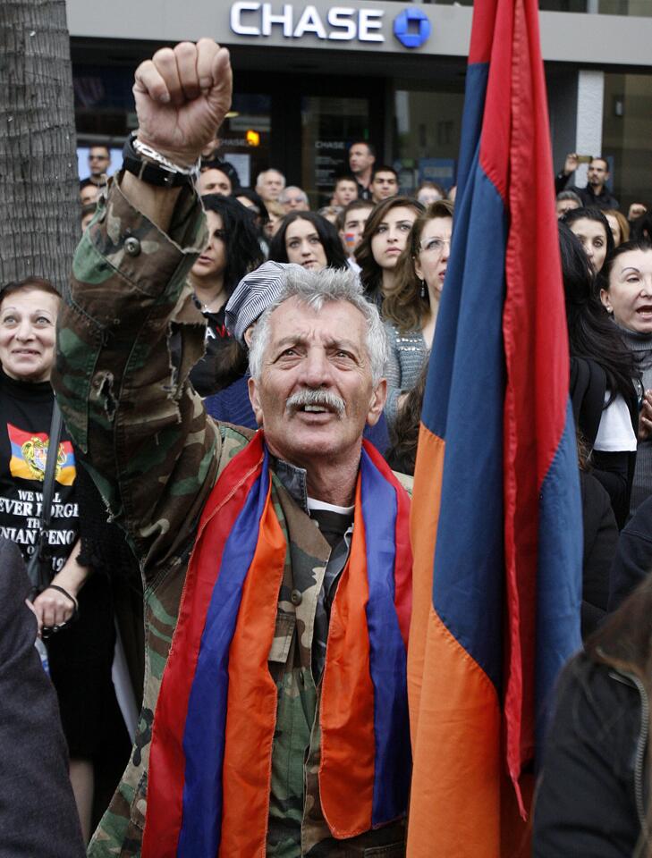 Garo Armoudikian, of Pasadena, at a protest rally in front of the Turkish Consulate demanding an end of Armenian genocide denial by Turkey in Los Angeles on Wednesday, April 24, 2013. A few thousand attended the rally organized by the Armenian Youth Federation.