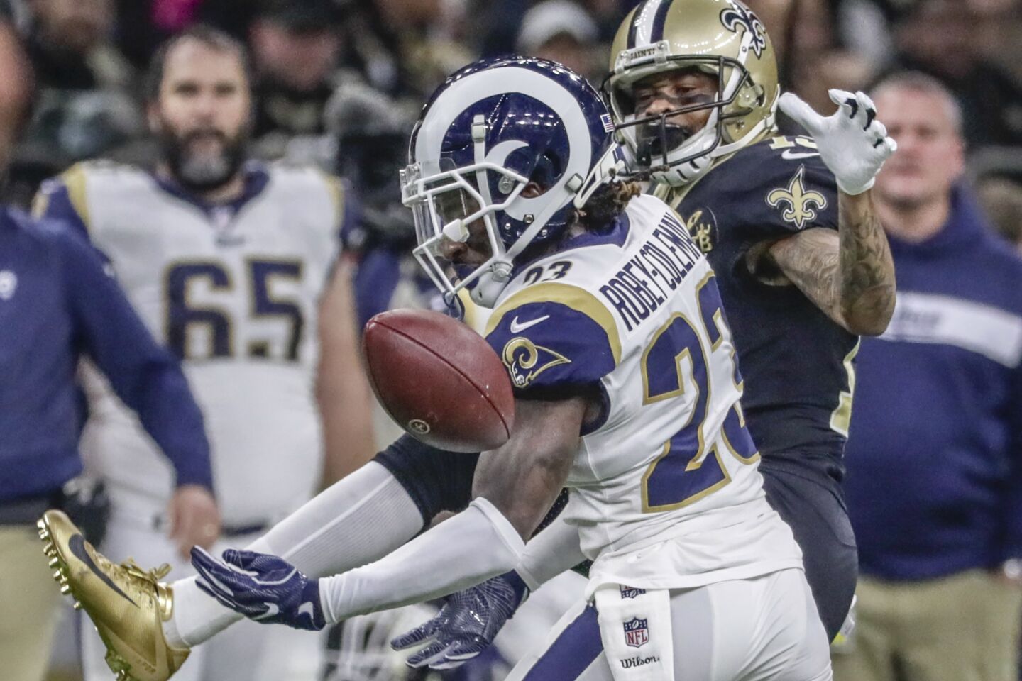 Rams cornerback Nickell Robey-Coleman knocks a pass away intended for New Orleans Saints receiver Michael Thomas during second half action in the NFC Championship at the Superdome.