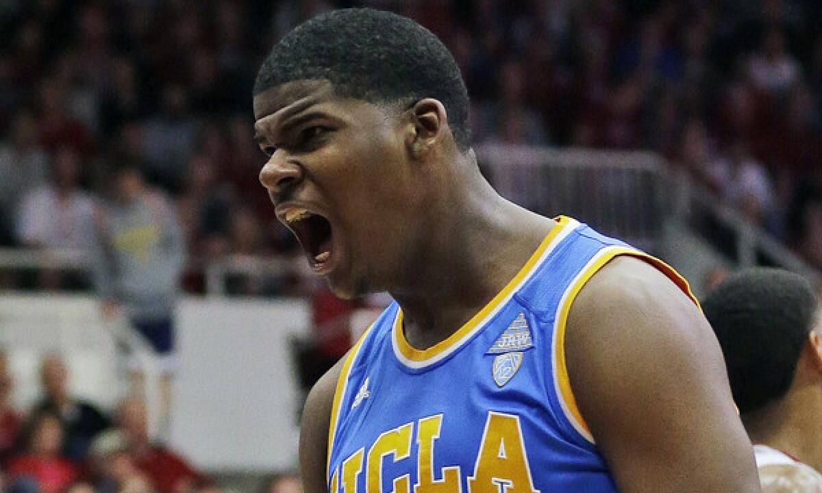 UCLA's Tony Parker is charged up after scoring Saturday during the first half of the Bruins' loss to Stanford.