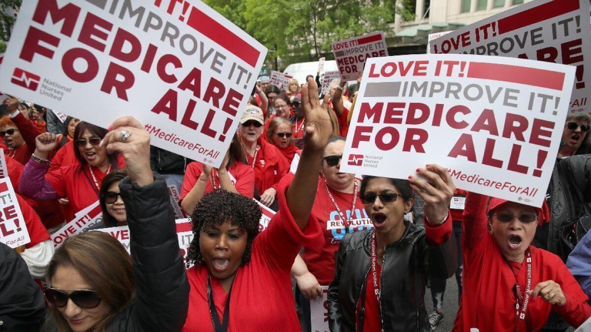 Supporters of "Medicare for all" hold a rally in Washington on April 29.
