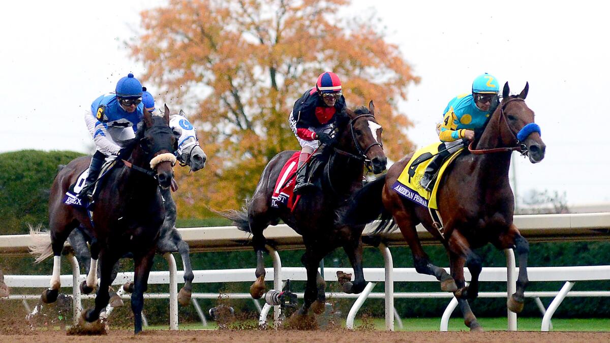 Jockey Victor Espinoza and American Pharoah lead the field during their winning ride in the Breeders' Cup Classic on Oct. 31.