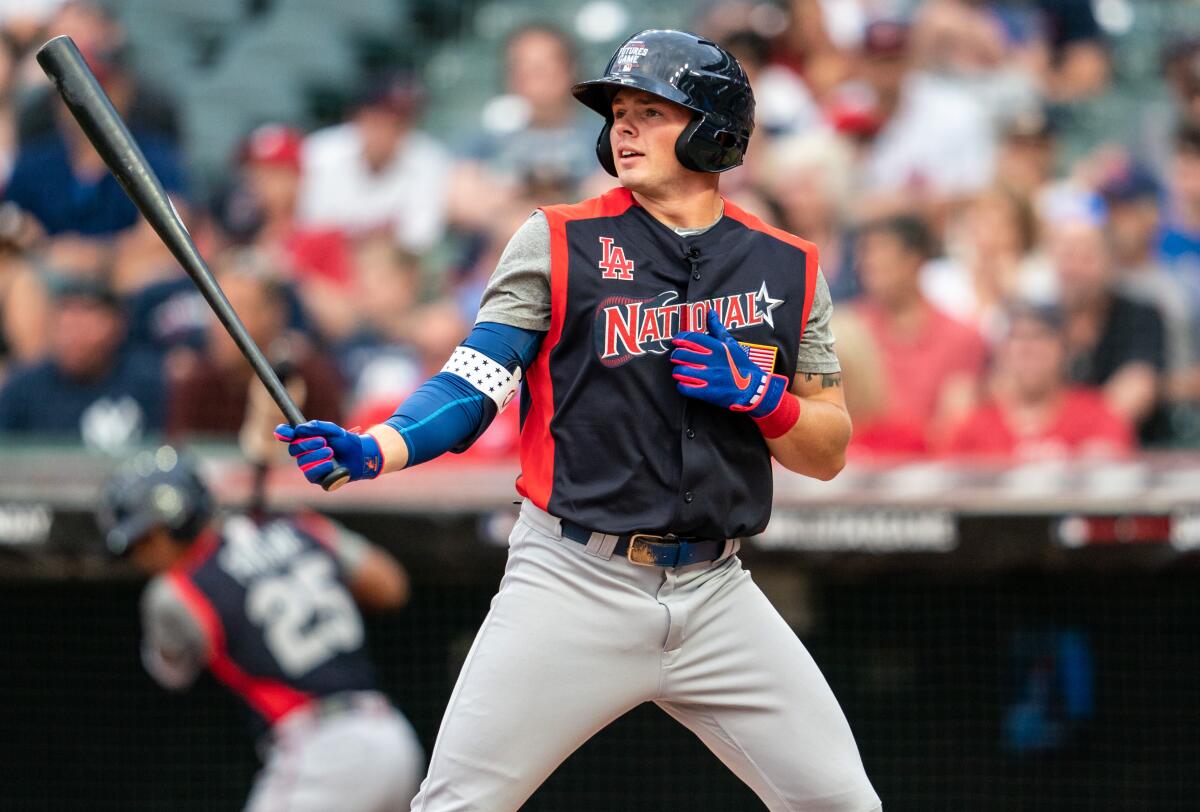 Gavin Lux of the Los Angeles Dodgers prepares to bat during the