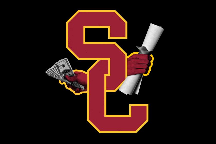 photo illustration of USC logo with two hands holding money and a diploma