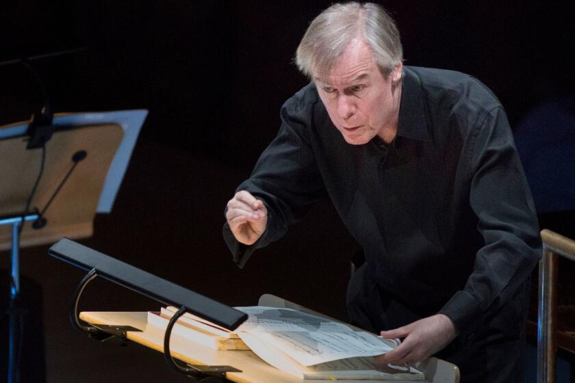 LOS ANGELES, CALIF. -- TUESDAY, FEBRUARY 2, 2016: David Robertson conducts the St. Louis Symphony performing Olivier Messiaen's "From the Canyons to the Stars" at Walt Disney Concert Hall in Los Angeles, Calif., on Feb. 2, 2016. (Brian van der Brug / Los Angeles Times)