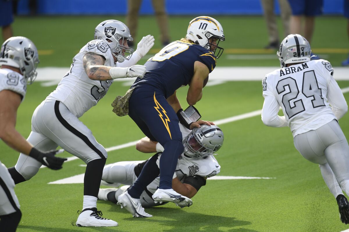 Chargers QB Justin Herbert of the Los Angeles Chargers was under pressure during much of Sunday's game.