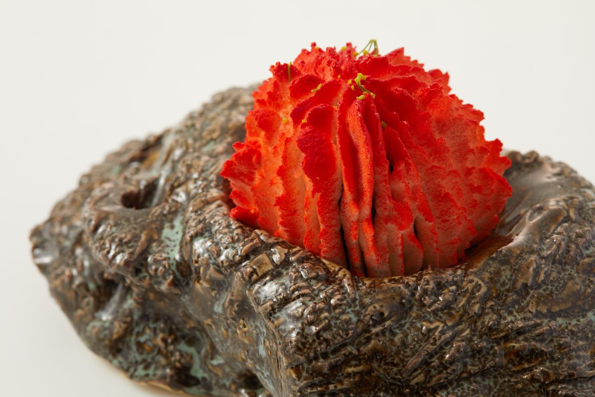 Christophe Rull's coral-inspired raspberry chocolate cremeux for the U.S. Chocolate Masters title.