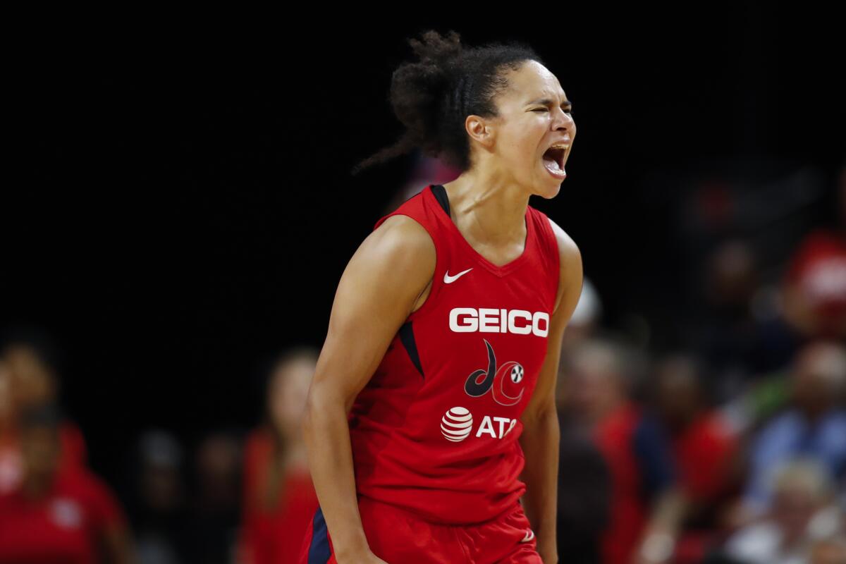 Washington Mystics guard Kristi Toliver reacts during Game 5 of the 2019 WNBA Finals against the Connecticut Sun.