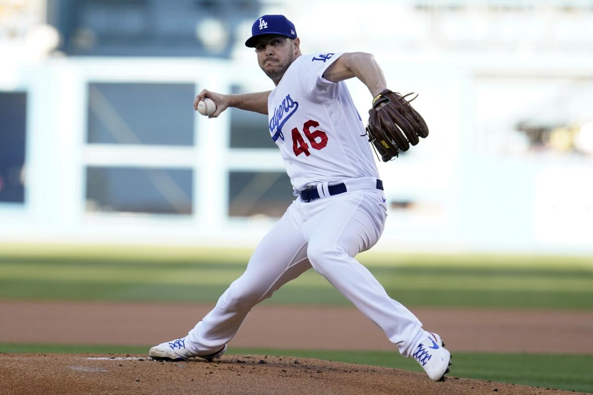 Dodgers starting pitcher Corey Knebel throws to the Colorado Rockies on Aug. 28.