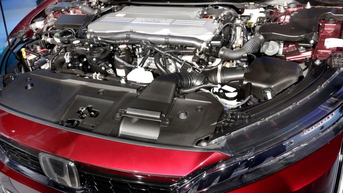 The fuel cell engine of the Honda Clarity is shown at the New York International Auto Show.