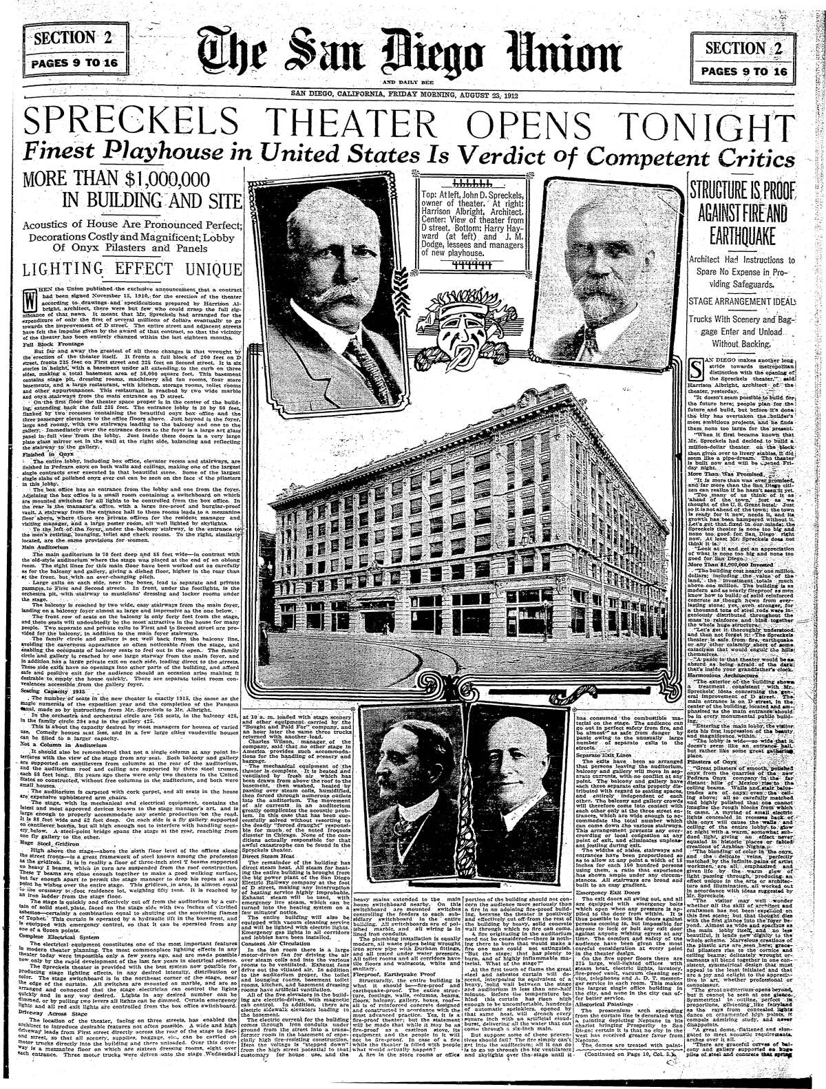 Page from The San Diego Union, Friday, August 23, 1912.