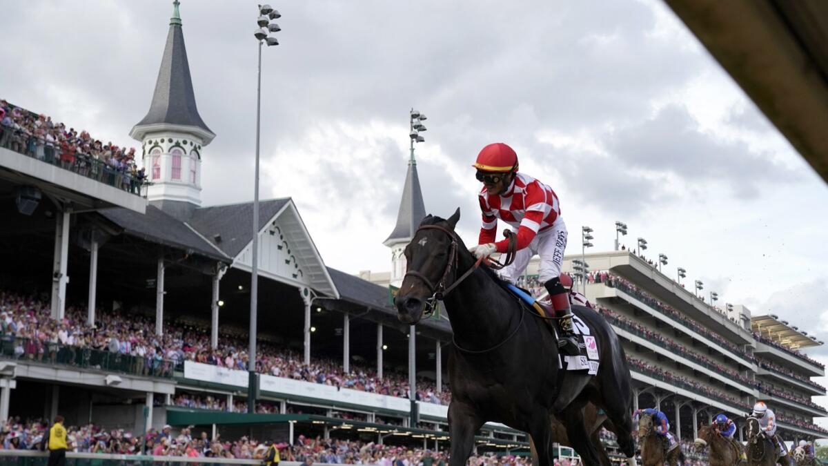 Jose Ortiz rides Serengeti Empress to victory during the 145th running of the Kentucky Oaks horse race at Churchill Downs on May 3, 2019, in Louisville, Ky.