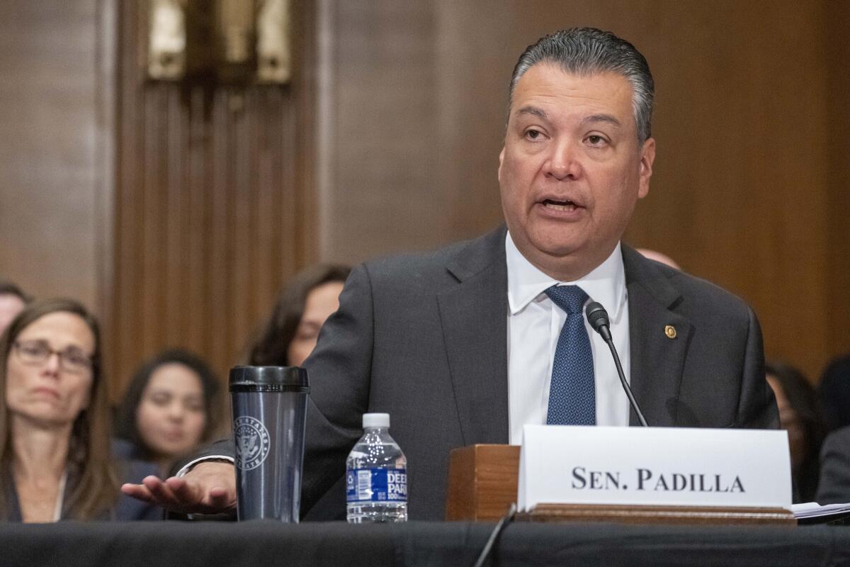 Sen. Alex Padilla speaks during a committee meeting on April 20, 2023. 