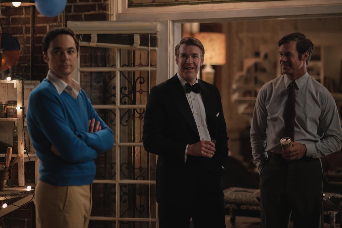 From left,  Jim Parsons as Michael, Brian Hutchison as Alan and Tuc Watkins as Hank in a scene from "The Boys in the Band."